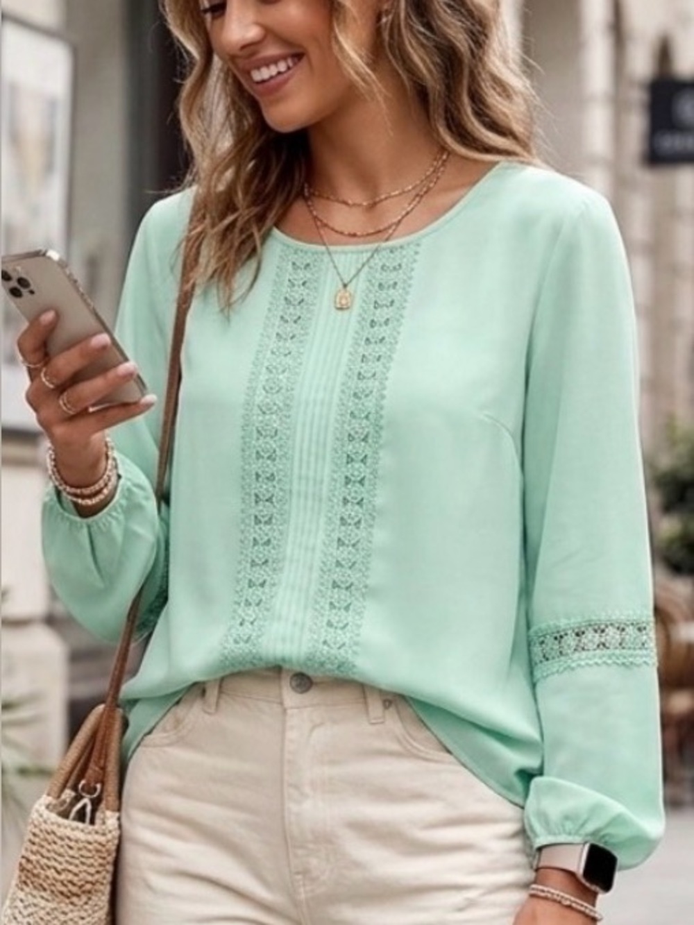 Sharagano Mint Green Lace-Trim Long-Sleeve Women's Top - XL